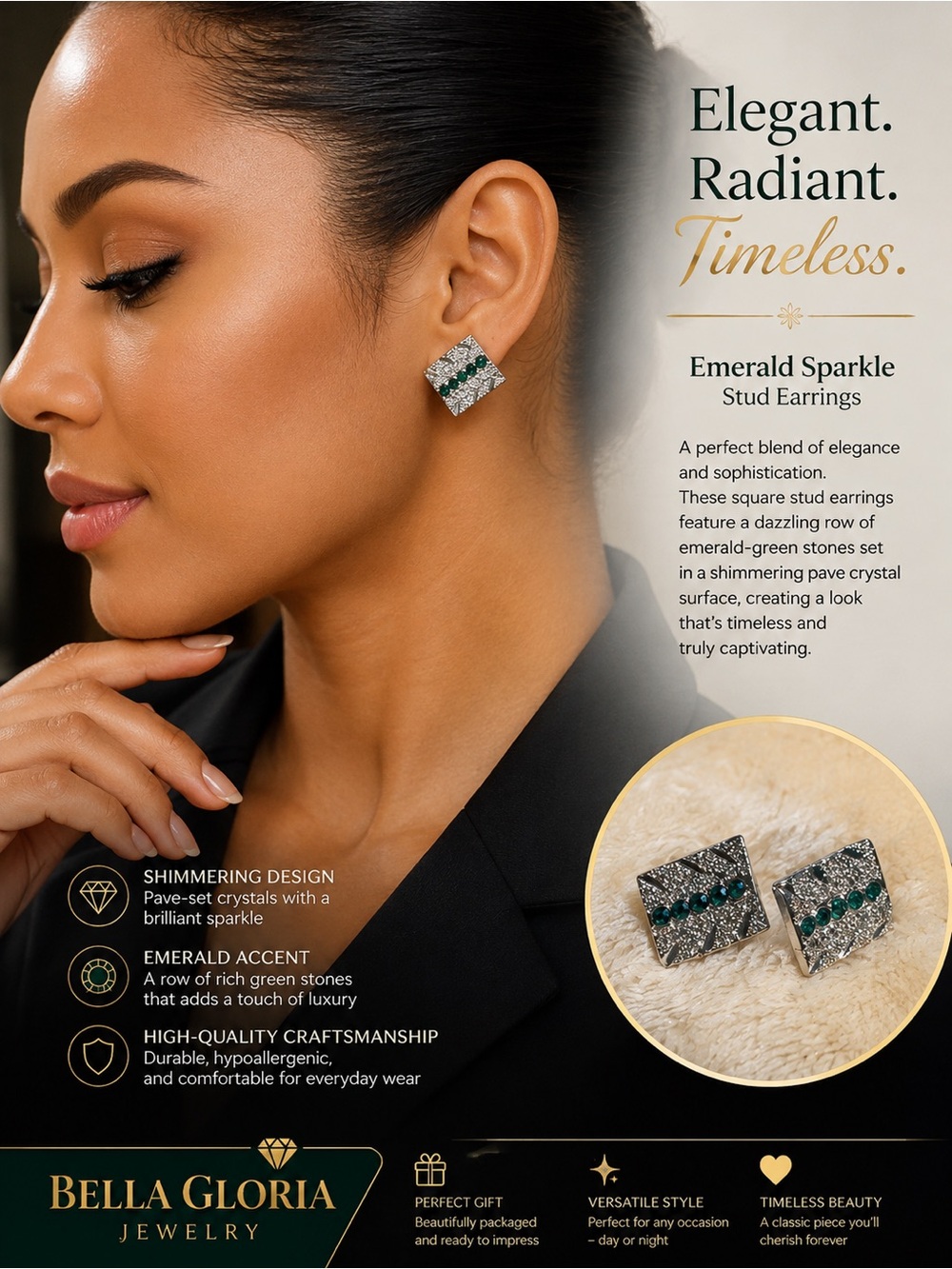 Emerald Sparkle Stud Earrings - Emerald Green & Silver